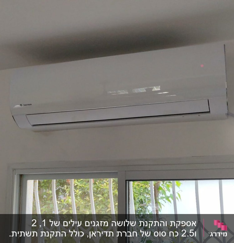 מזגן קיר לבן מותקן מעל חלון עם סורגים